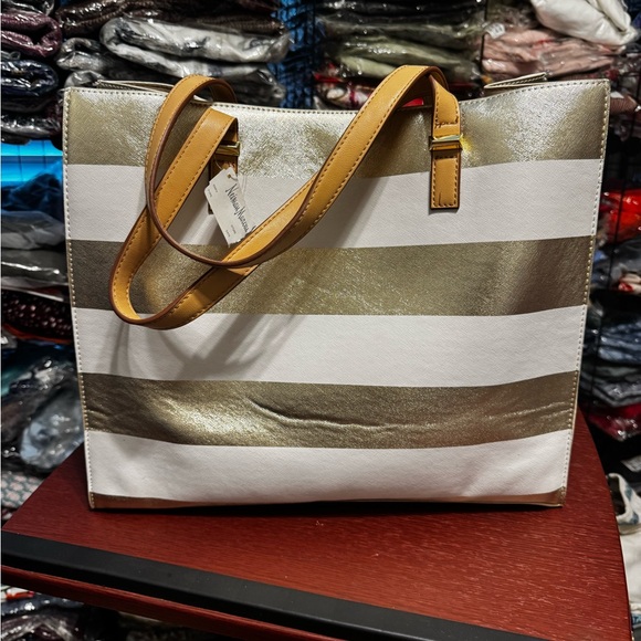 Neiman Marcus Handbags - Neiman Marcus Stylish Gold metallic and White Striped Tote Bag